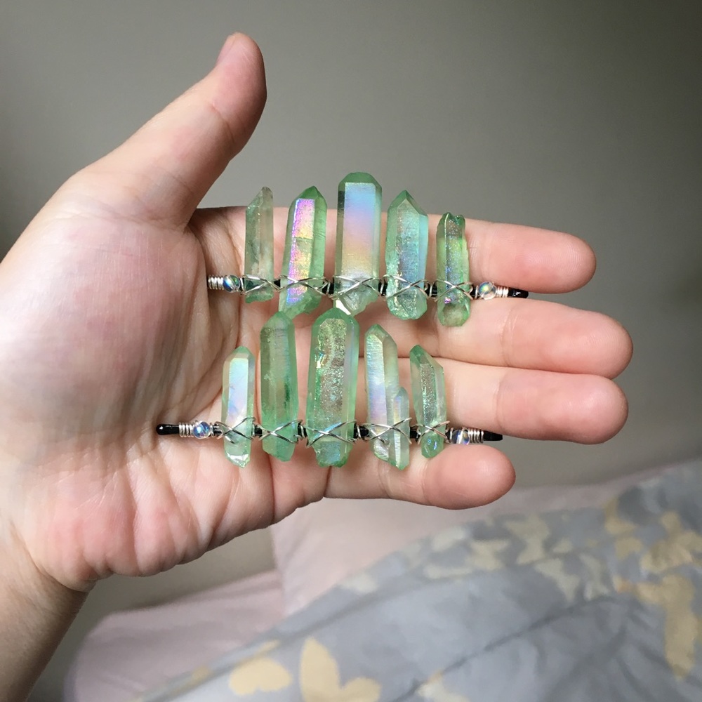 PAIR of Pale Green Aura Crystal Hair Pins